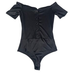 SJL Apparel Black Off Shoulder Ribbed Button Front Thong Bodysuit Medium